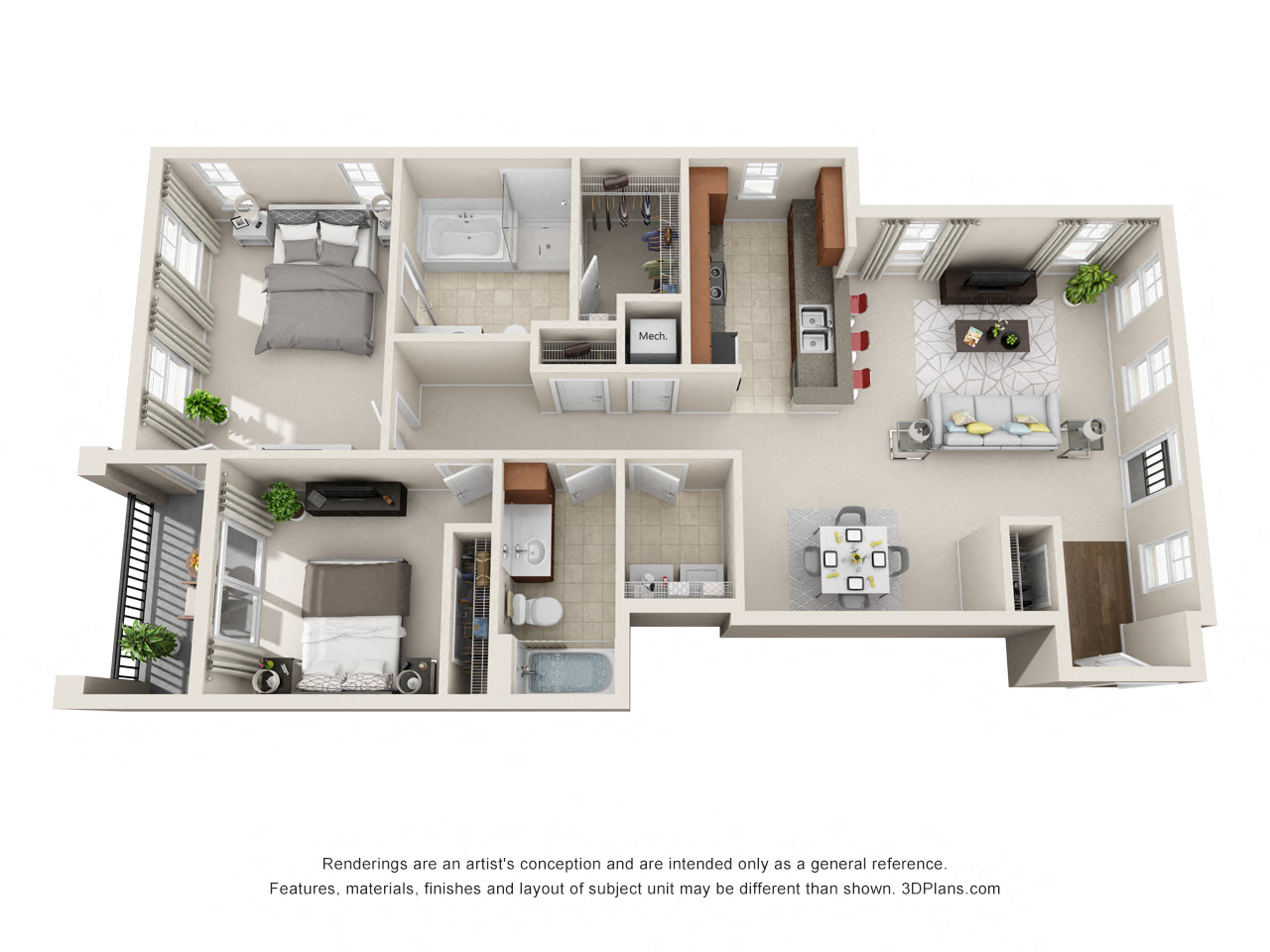 Floor plan for 2 beds, 2 baths, 1214 sqft
